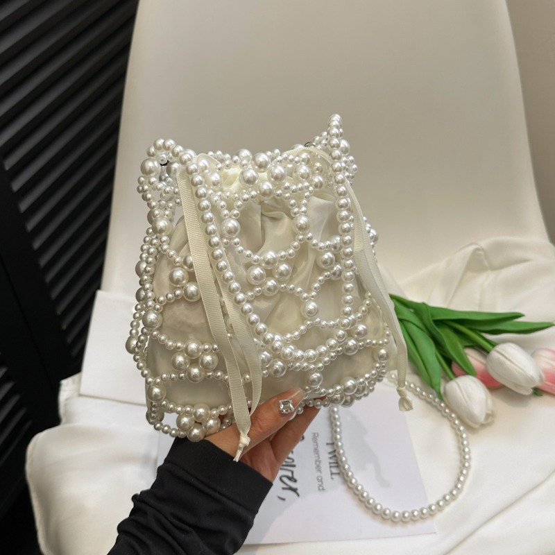 Weiße Perlenbesetzte Bucket-Sc – Luxury Bags On Sales Bewertung und Preis